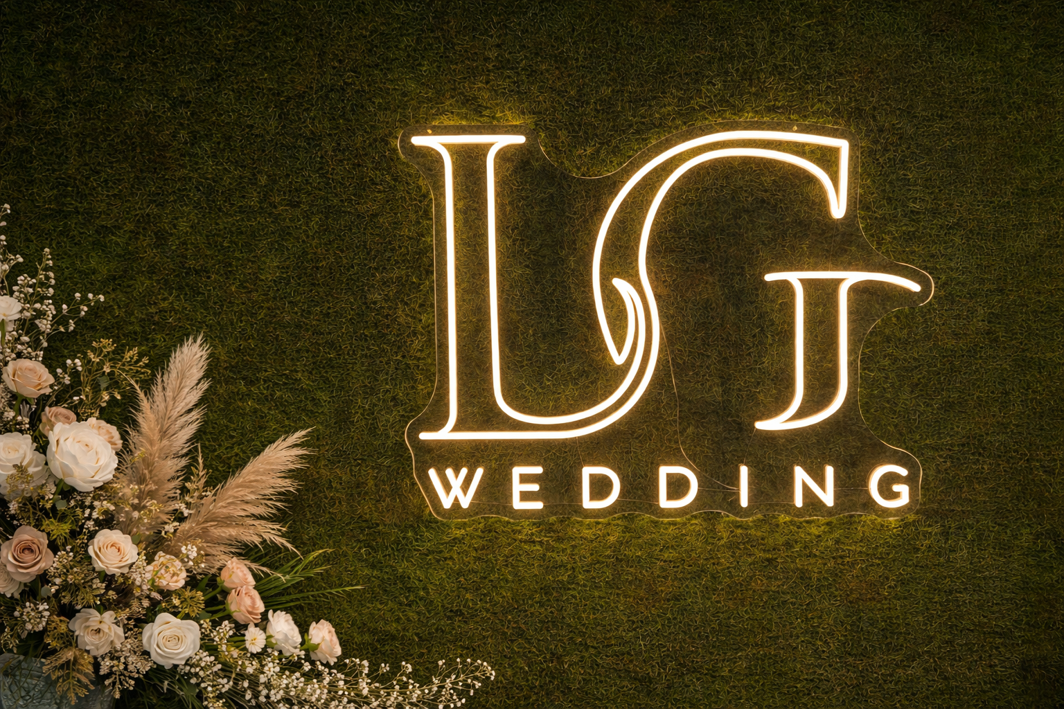 Large wedding neon sign with personalised couple’s names in LED light