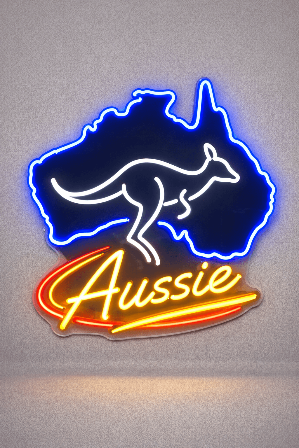 aussie neon sign with a kangaroo, with blue neon, yellow neon, white neon tubing