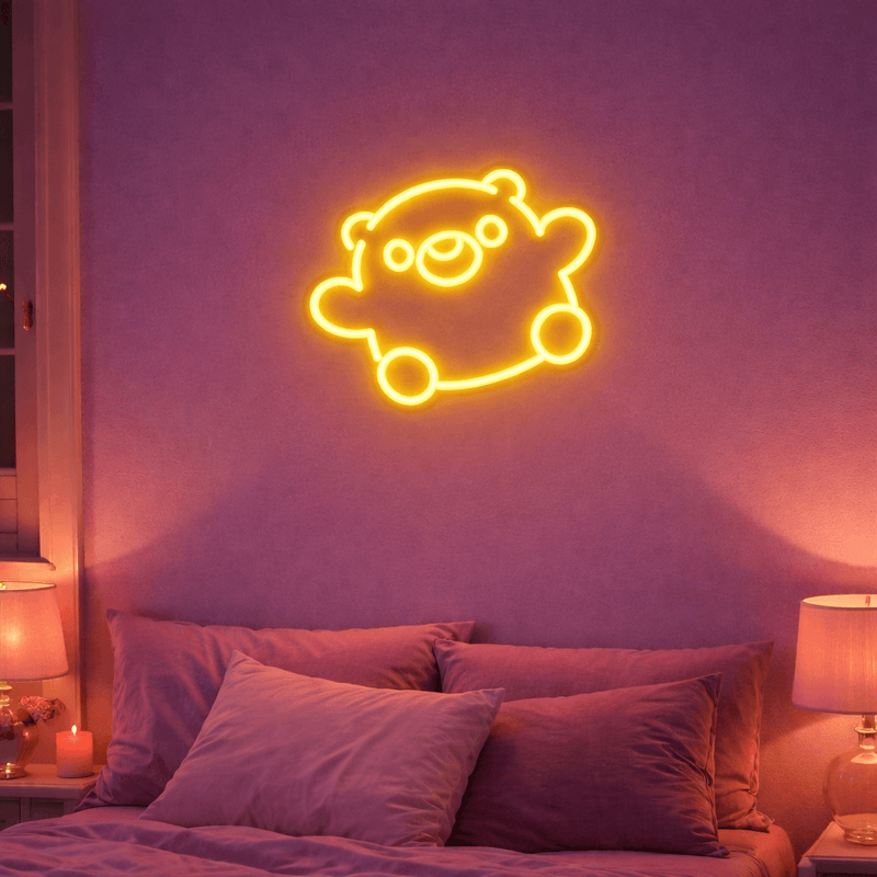 custom neon sign made for a room in an uploaded bear logo