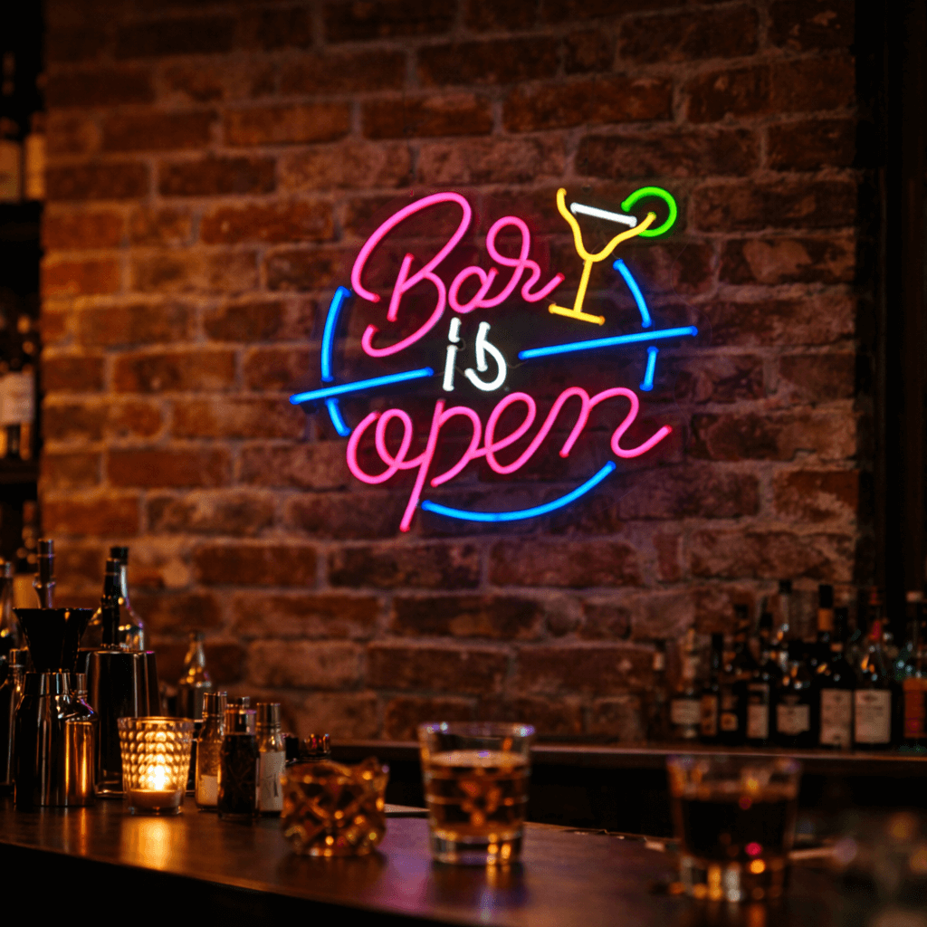 Custom LED neon sign reading “Bar Is Open” displayed in a bar or venue