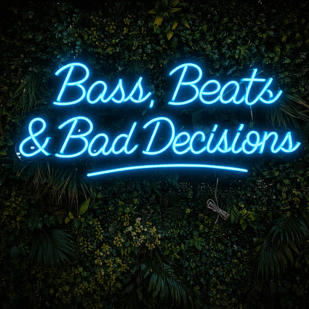 “Bass, Beats, Bad Decisions” blue LED neon sign for nightlife décor