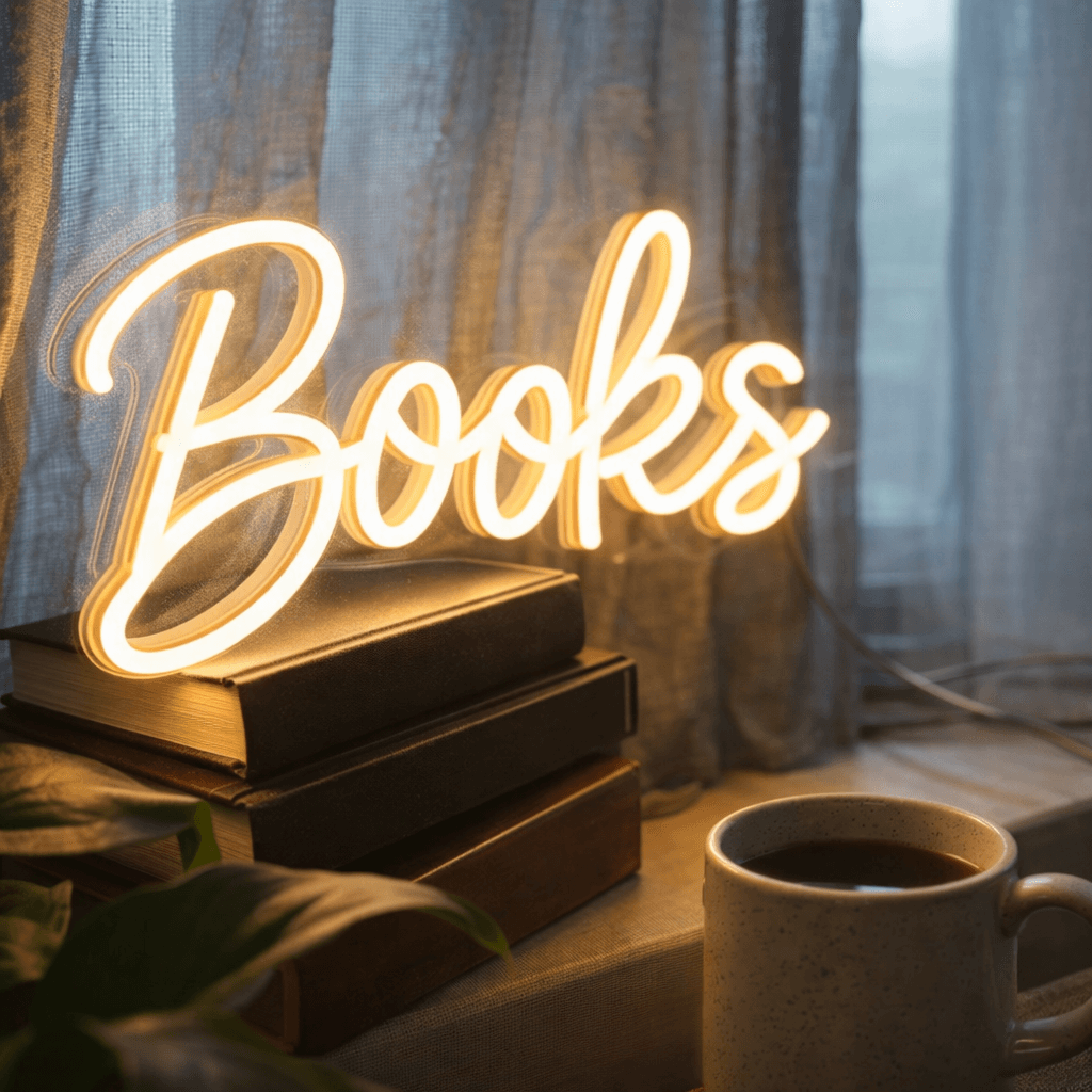 Books Custom Neon Sign in Warm White. Made for a book store in Sydney.