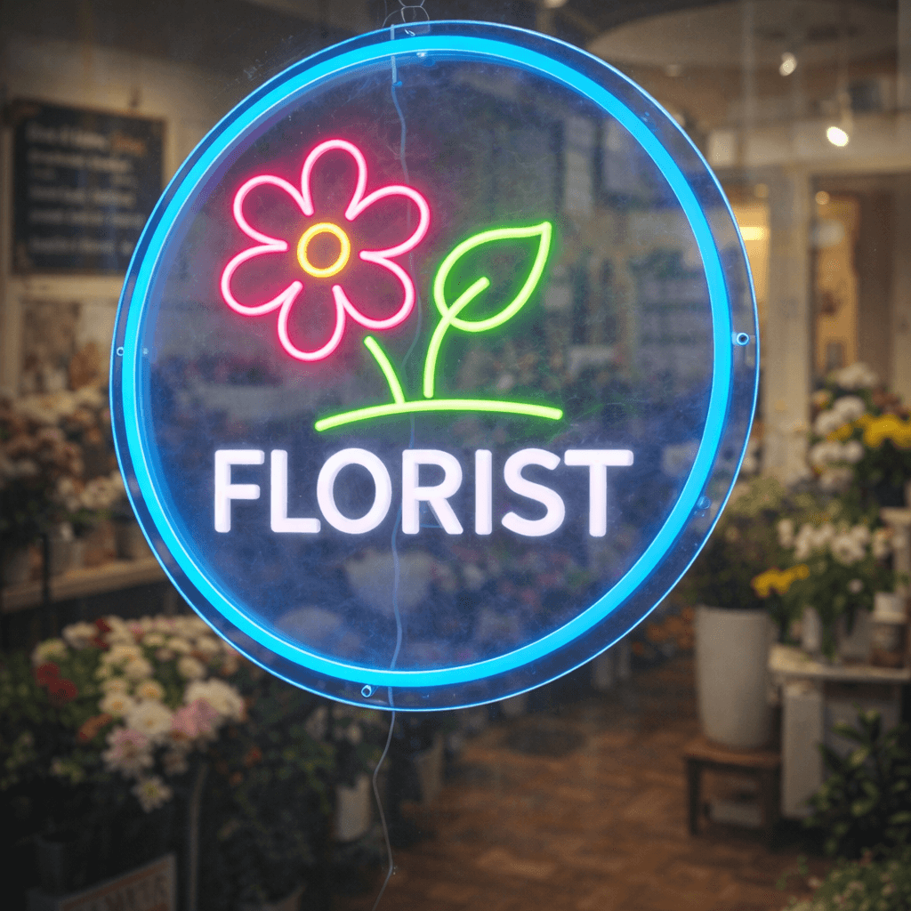 Custom LED neon sign displayed in a florist shop for business décor