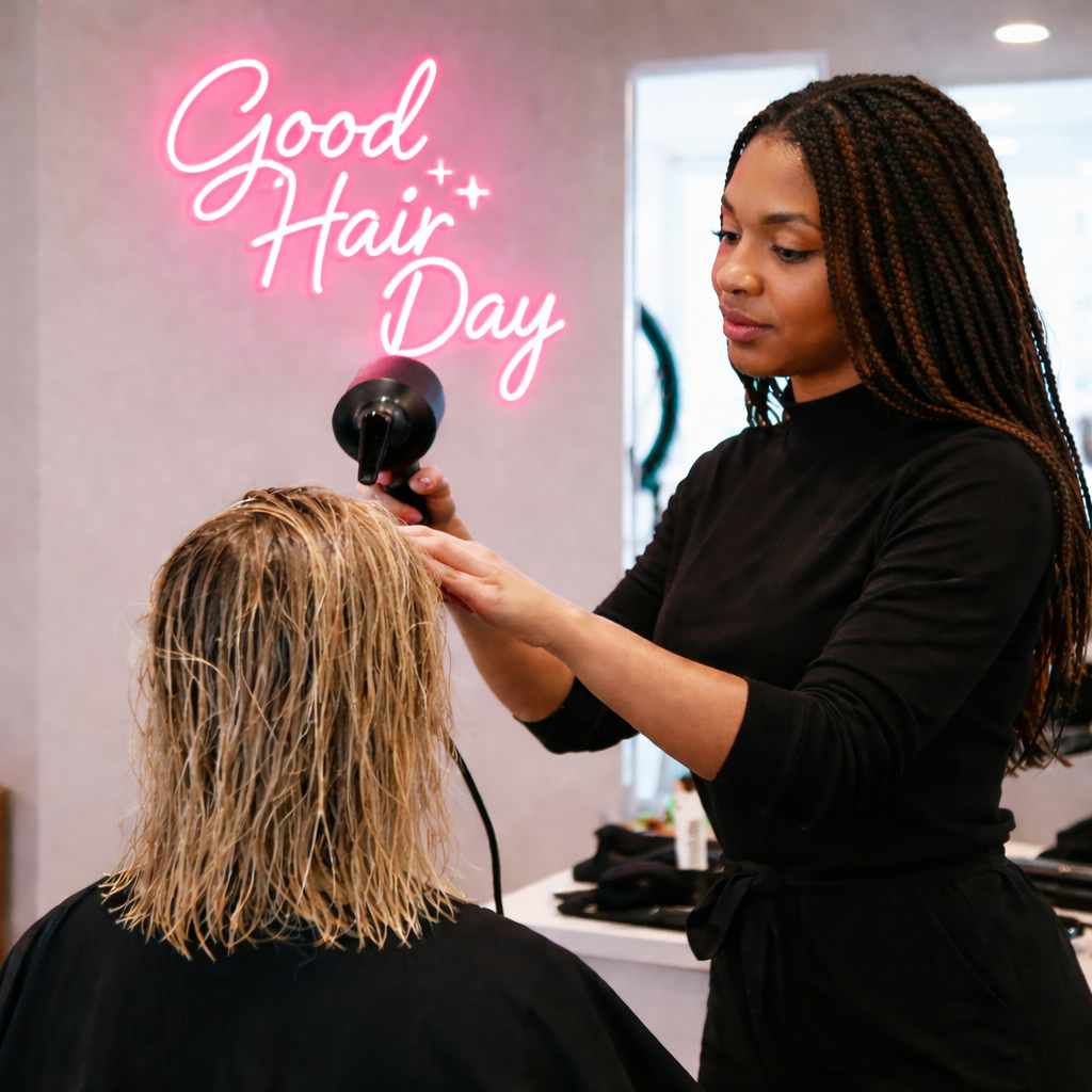 Pink custom LED neon sign reading “Good Hair Day” displayed in a hair salon