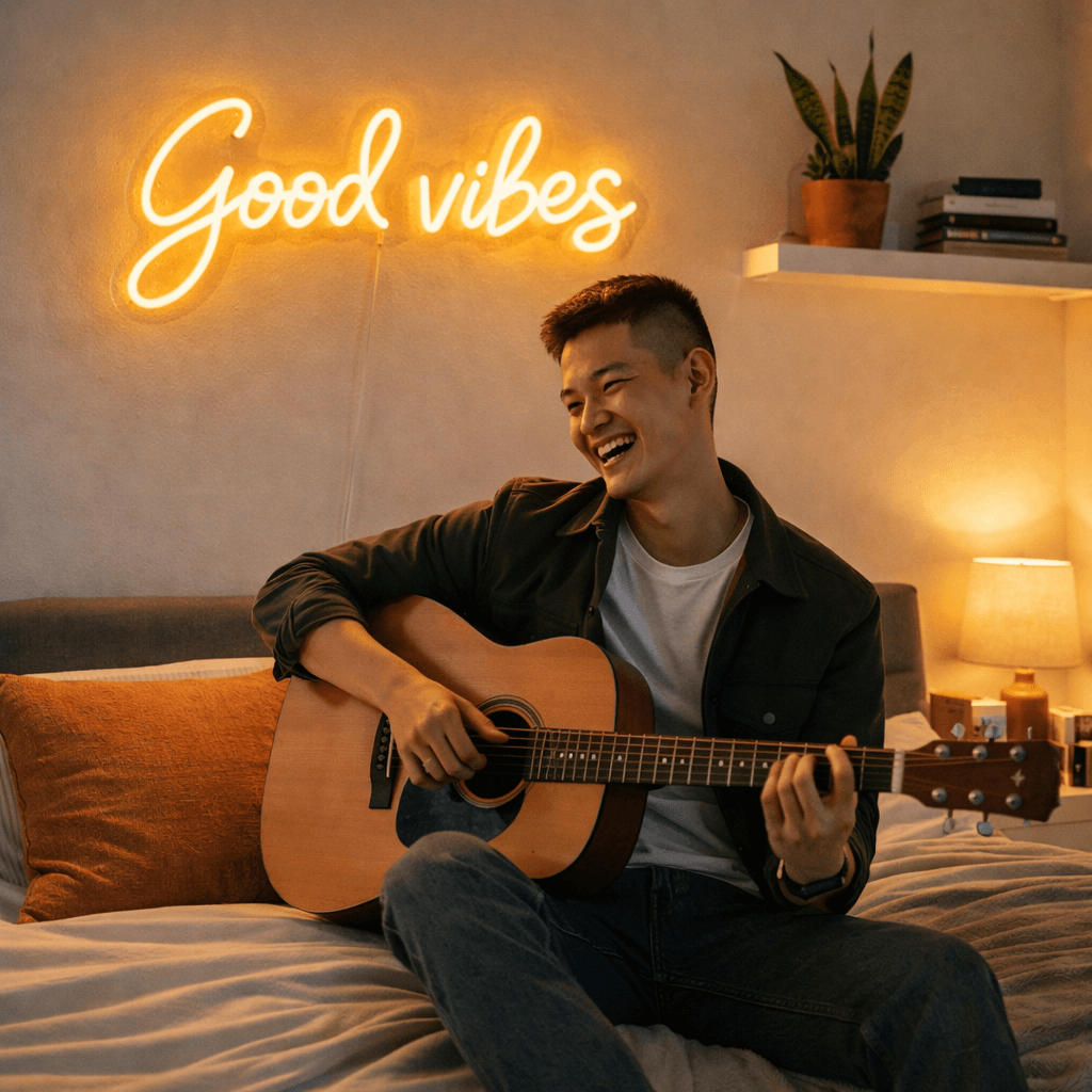 Good Vibes Custom Neon Sign in Yellow. Made for home decor in Melbourne.
