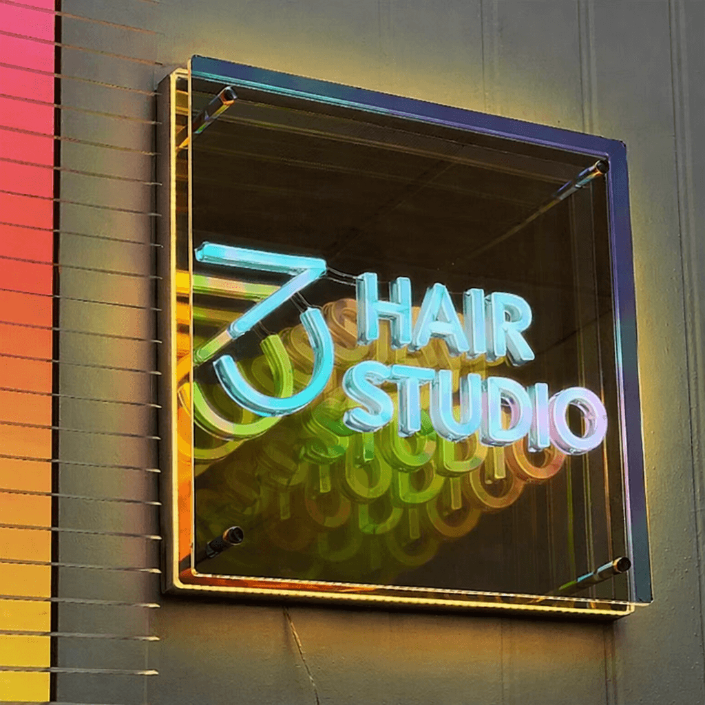 Custom Made Neon Sign in LED on Infinitiy Mirror for a Hair Studio in Australia