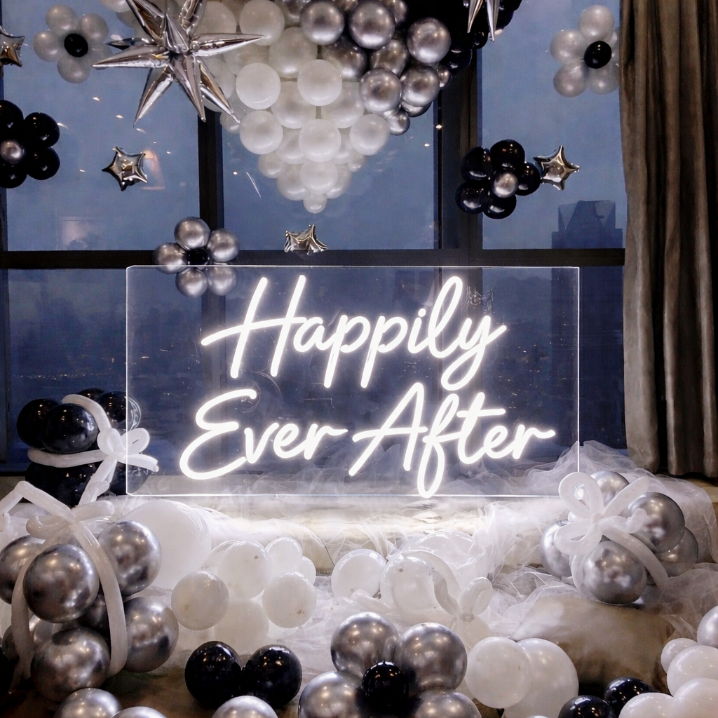 “Happily Ever After” LED neon sign displayed on a desk