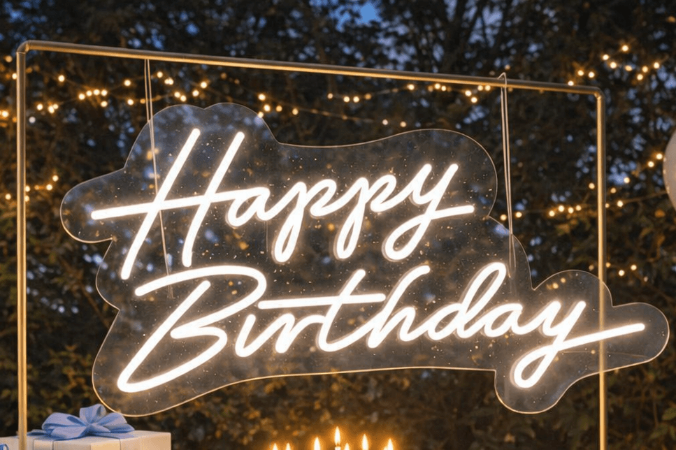 warm white colour happy birthday neon sign for a birthday event.