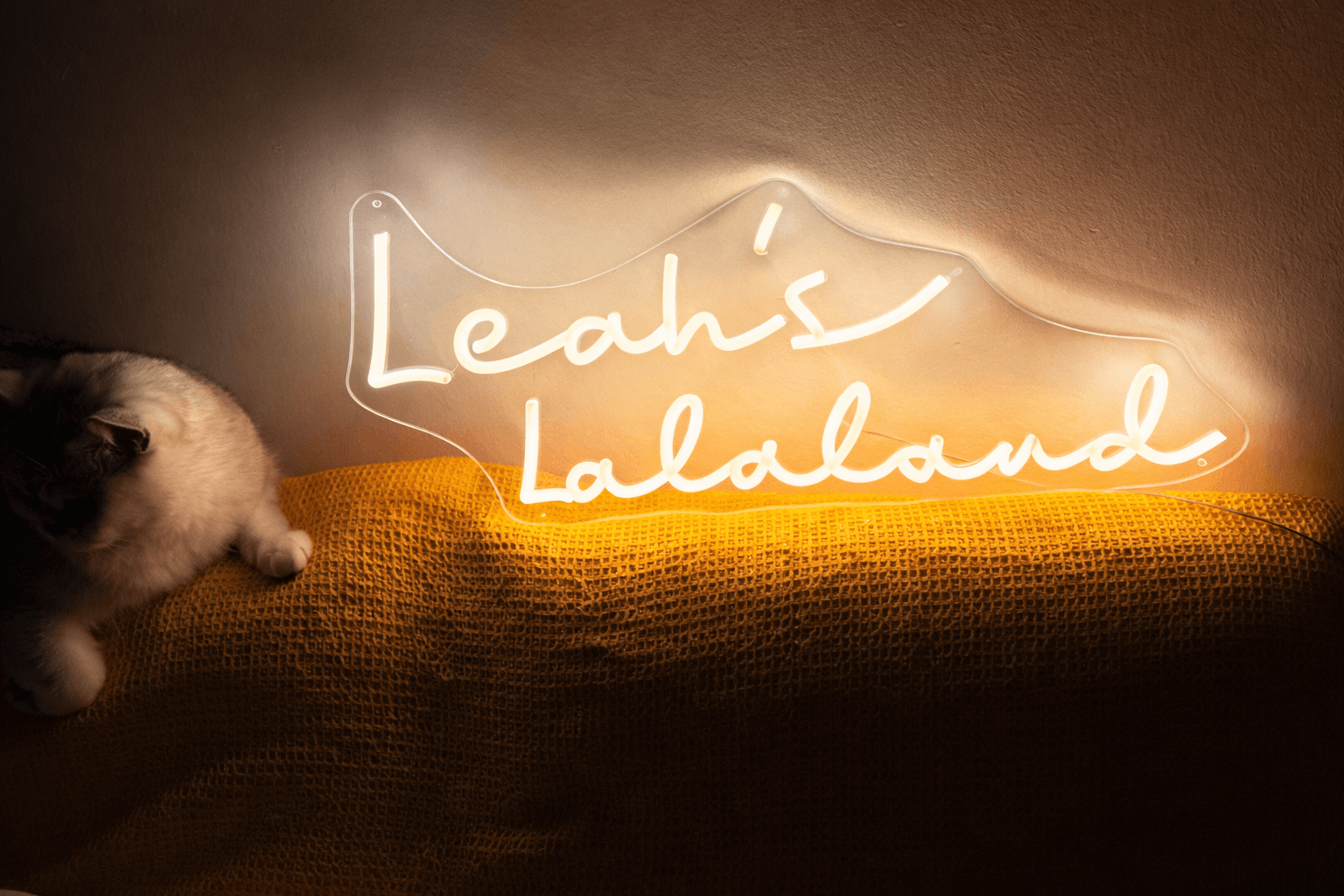 white leah's lalaland custom neon sign with a customer's personlaised design.