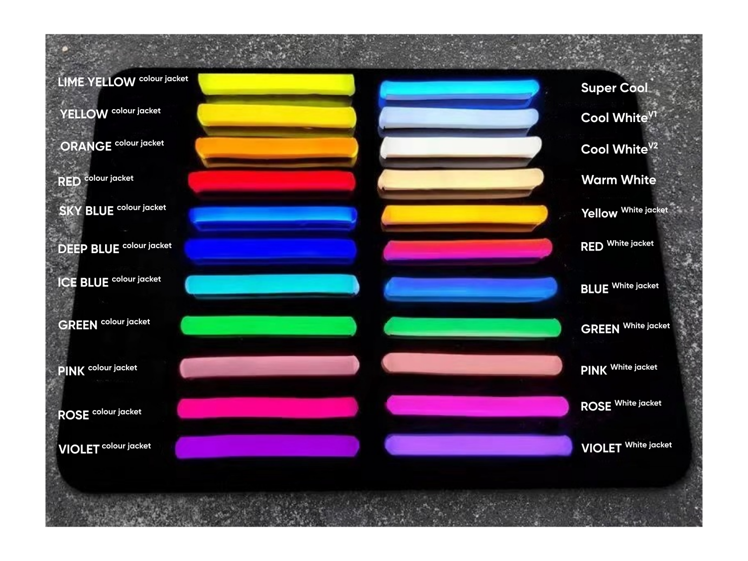 LED neon tubing colour options for custom neon signs