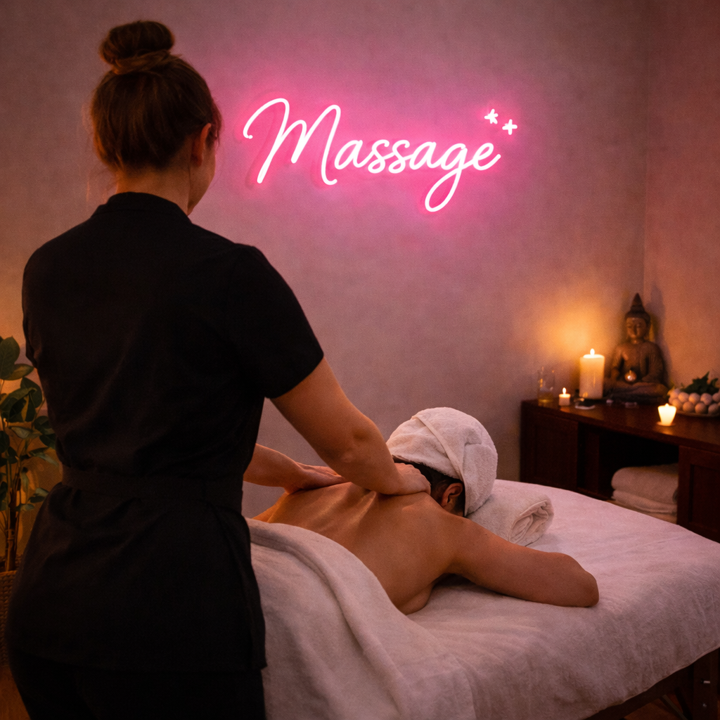 Light Pink custom LED neon sign displaying “Massage” for spa or massage studio