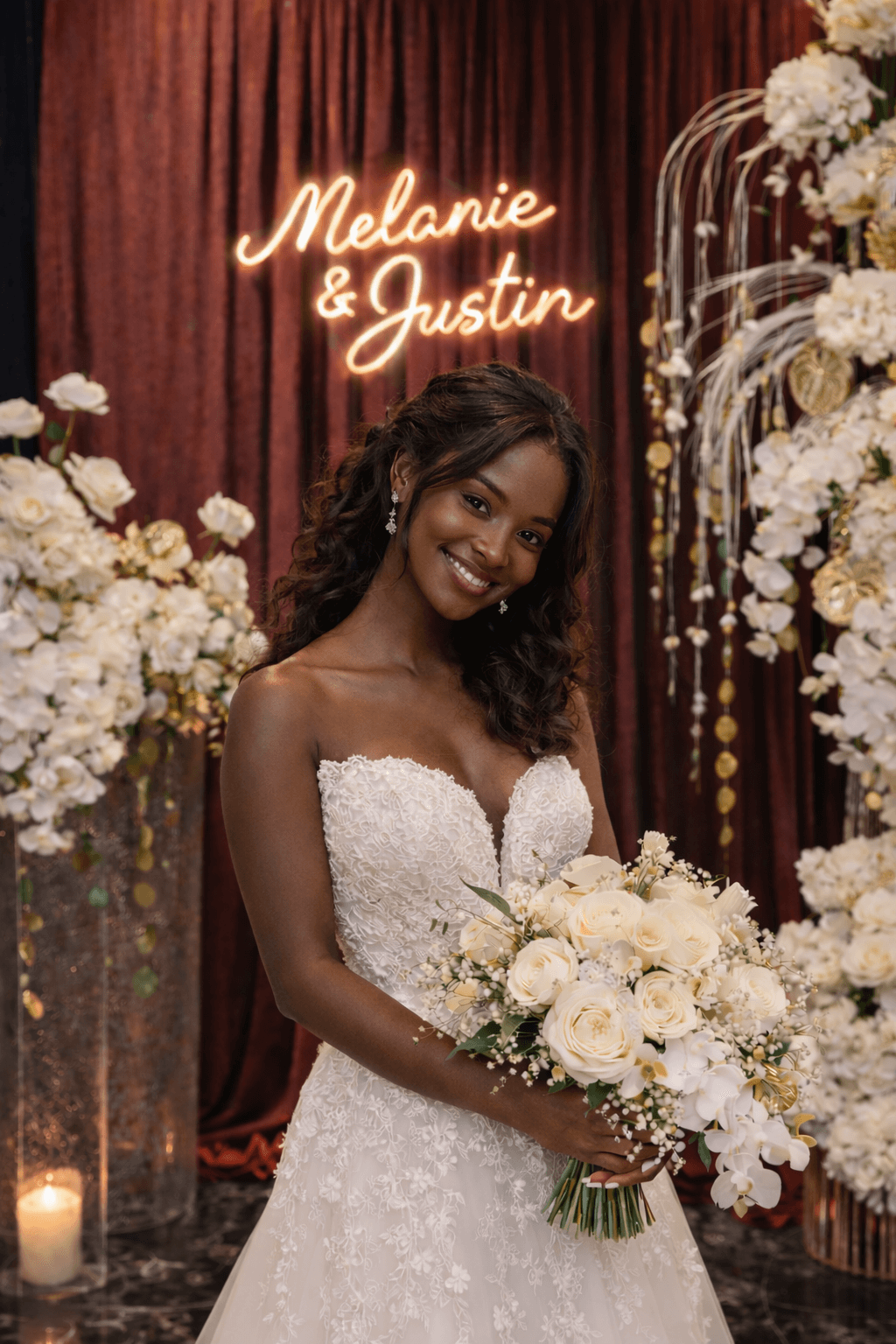 Personalised wedding neon sign displaying “Melanie & Justin” glowing in LED light