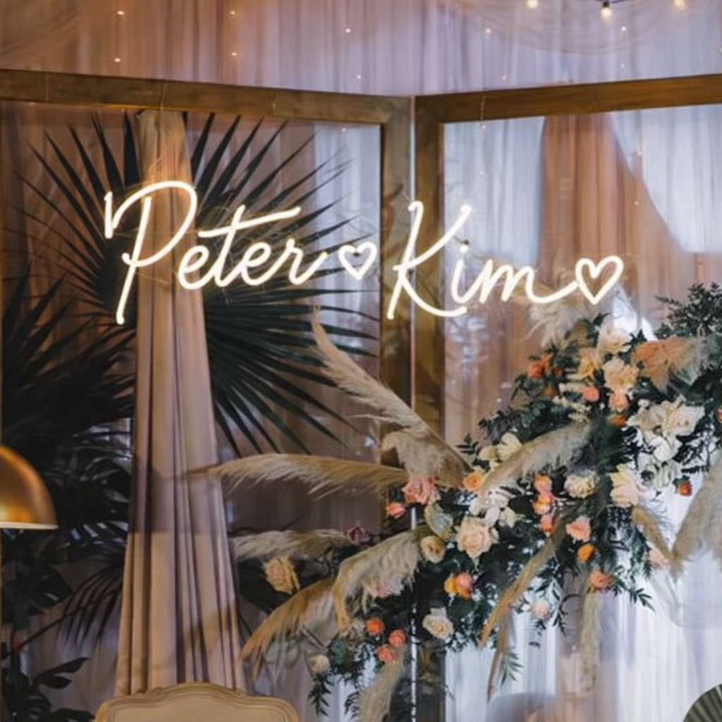 Custom wedding neon sign with “Peter & Kim” in LED light