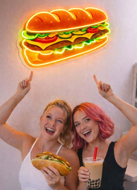 restaurant neon sign for business with a uv printed burger / sandwich and yellow / orange led neon tubing,
