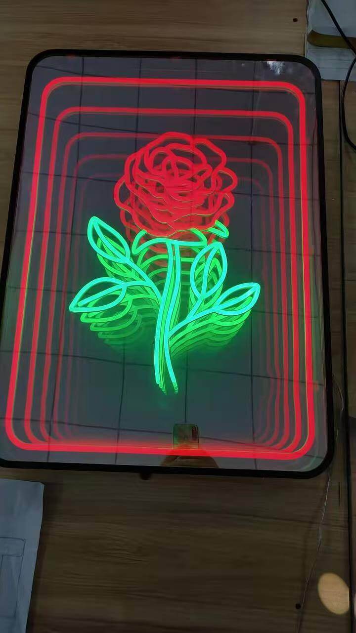 Rose-shaped custom LED neon sign on infinity mirror backing