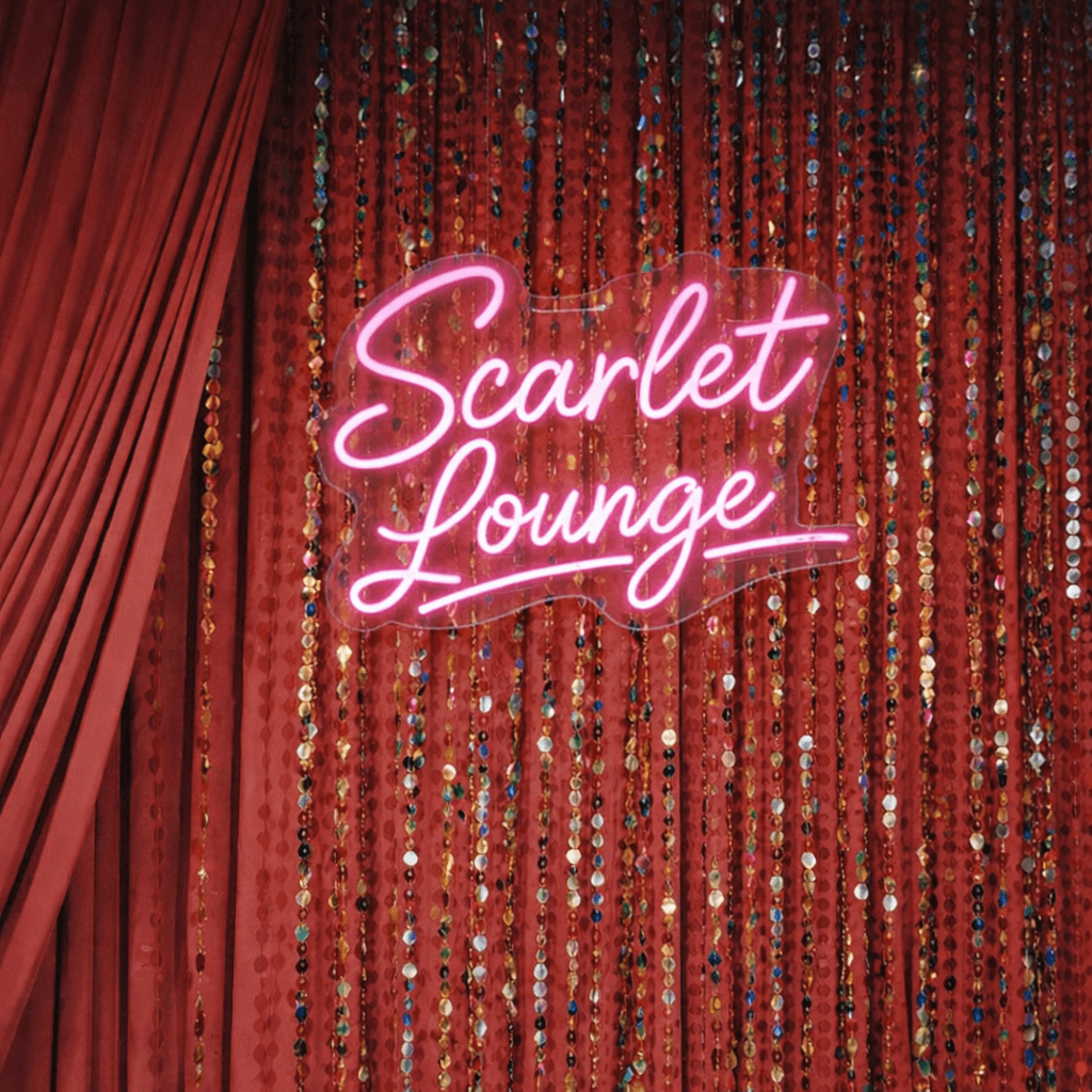 “Scarlett Lounge” custom LED neon sign for business branding