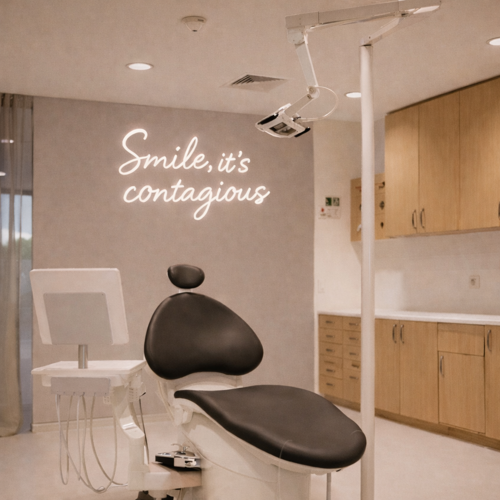 Custom LED neon sign reading “Smile, it’s contagious” displayed in a dental practice in white