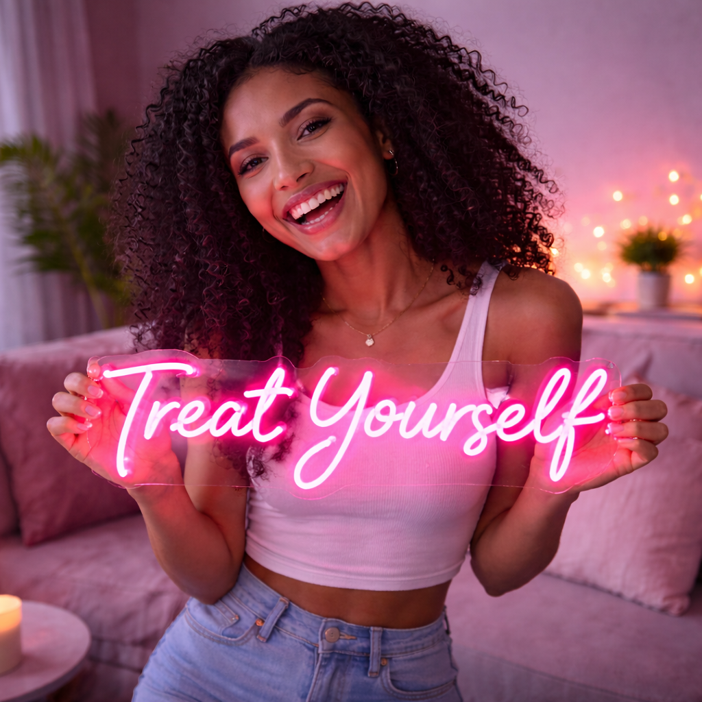 Treat yourself custom neon sign in pink held by customer in Australia.