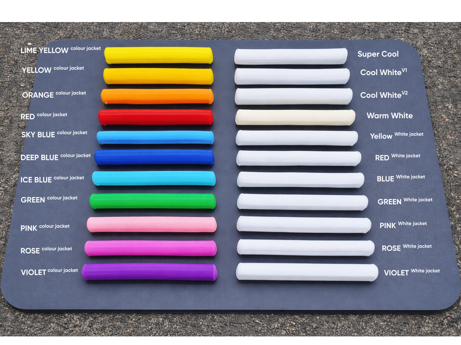 Unlit LED neon tubing colour options for custom neon signs