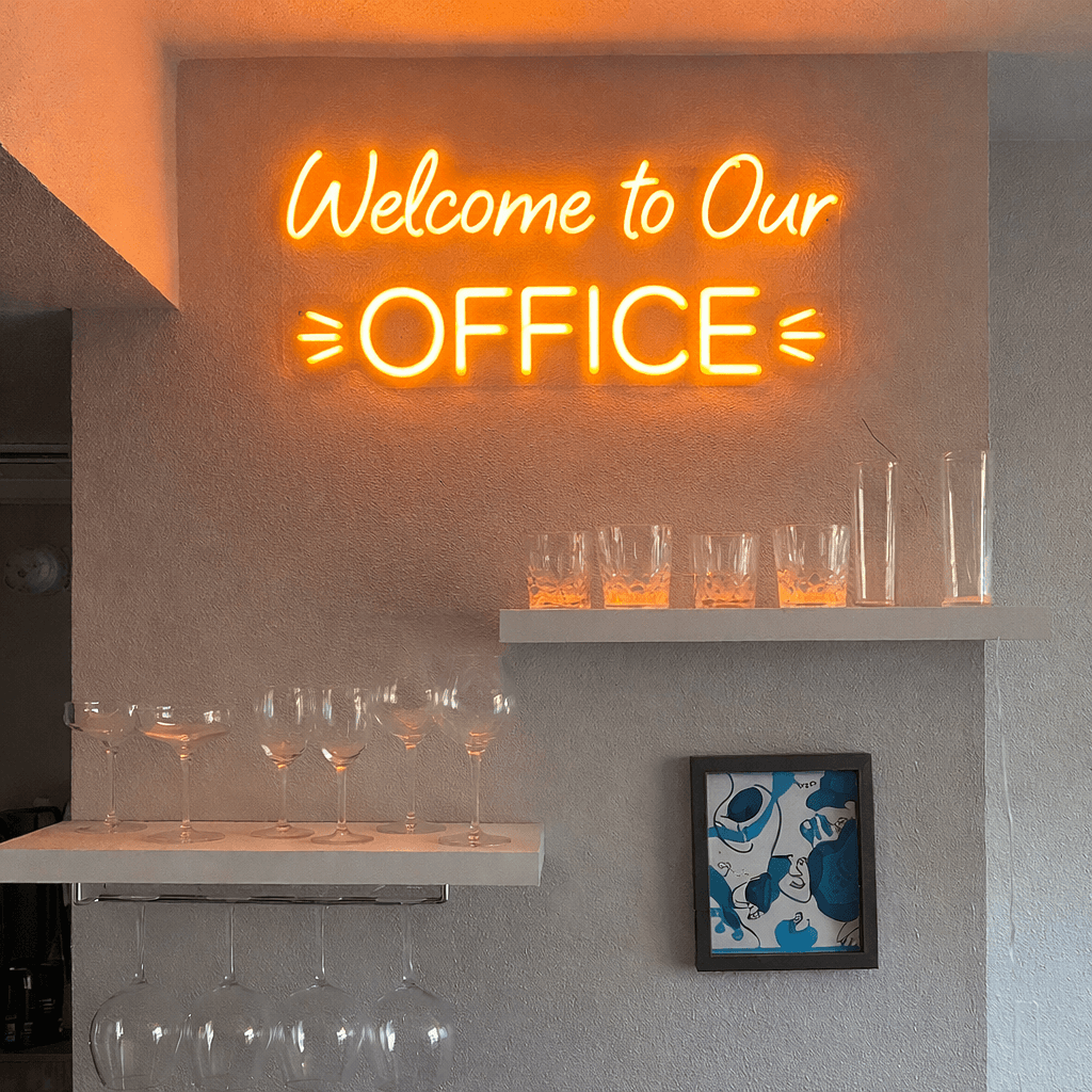 “Welcome to Our Office” LED neon sign for business reception décor in gold yellow